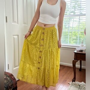 Yellow vintage eyelet linen patterned boho maxi skirt
